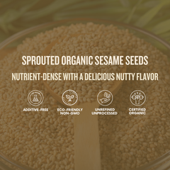 Sprouted organic sesame seeds in a bowl with certification icons and text.