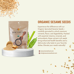 Package of organic sesame seeds with text about their benefits on a light background