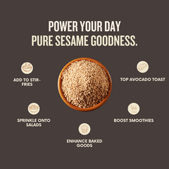 Promotional graphic for sesame seeds with text and icons on a dark background