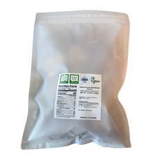 White shitake mushroom packaging with a nutrition facts label on a white background