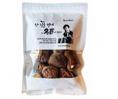 Packaged dried shitaki mushrooms with a white label on a white background