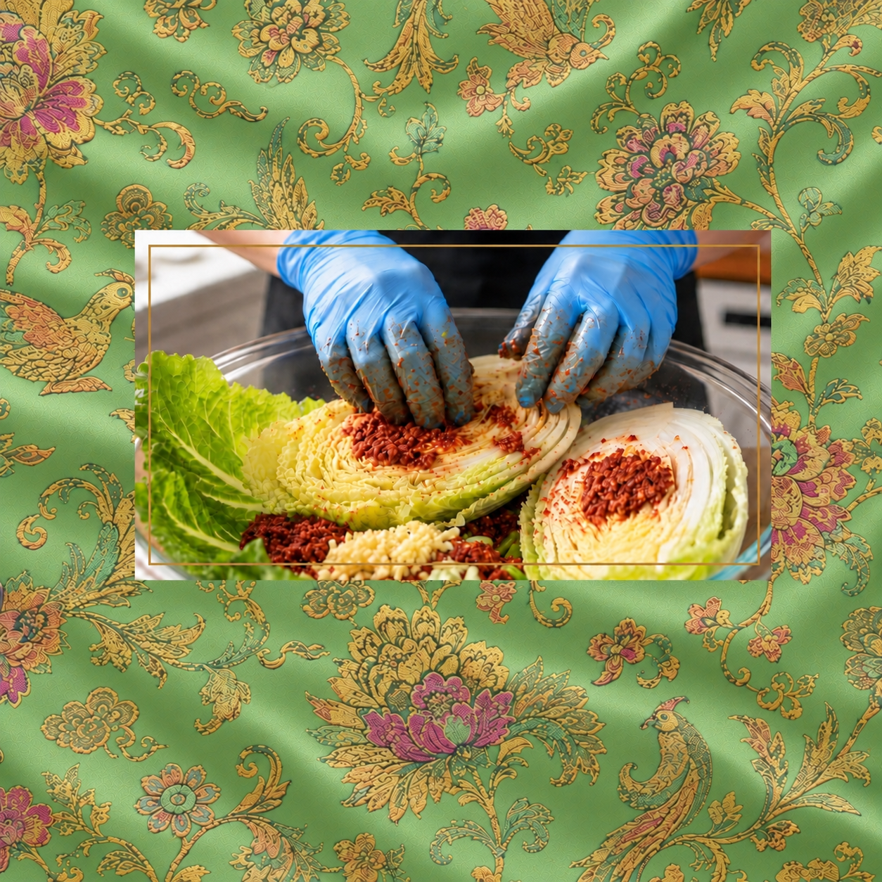 Hands preparing fresh NUF Kimchi on green brocade